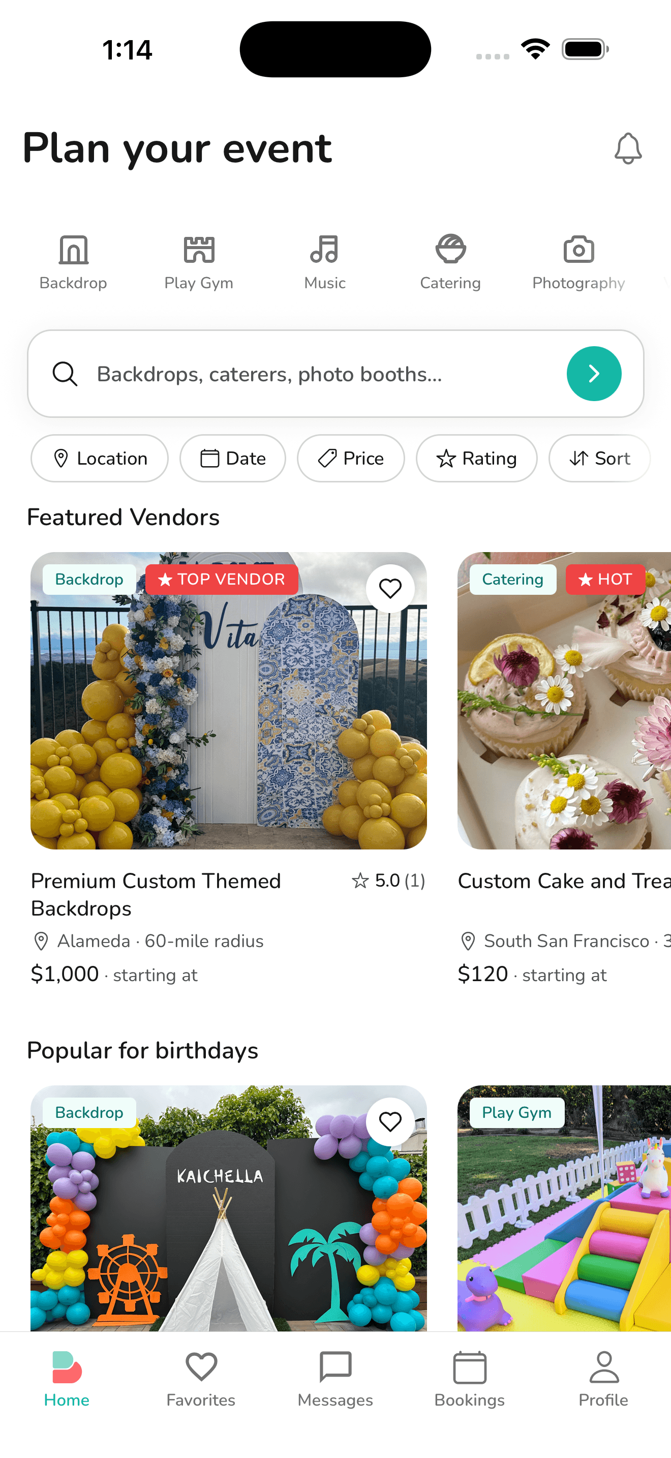 Backdrop iOS app — Plan your event screen showing featured vendor listings